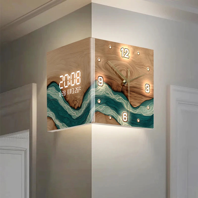 Abstract Double-Sided Acrylic Wall Clock | Silent Operation with Digital Display, Modern Home Living Room Decor