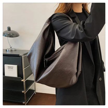 Big Black Shoulder Bags for Women Large Hobo Shopper Bag Solid Color Quality Soft Leather Crossbody Handbag Lady Travel Tote Bag