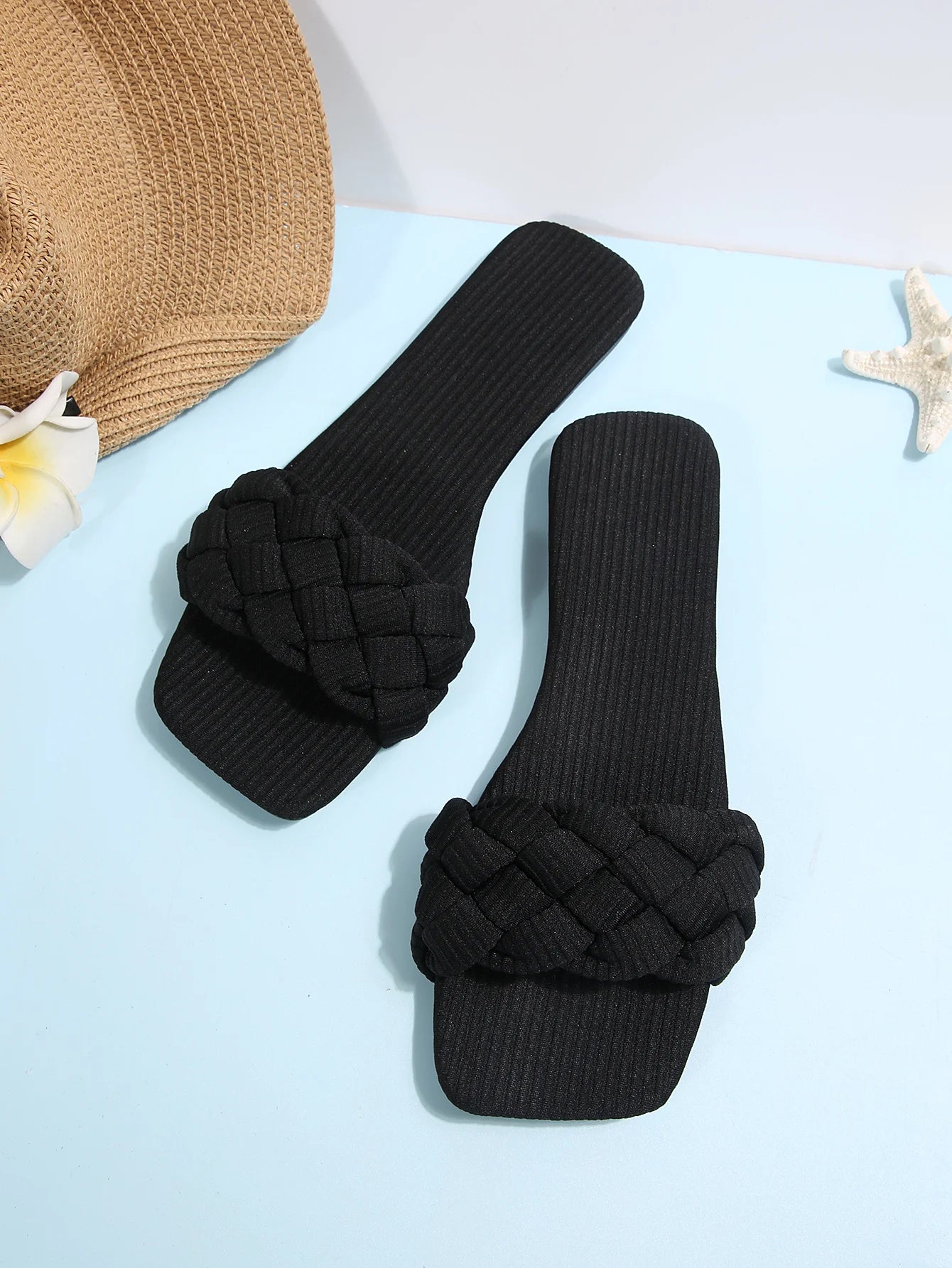 Square-toe Basket-Woven Sandals, Flat Home Slippers