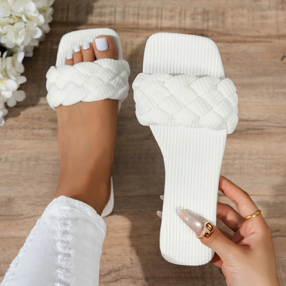 Square-toe Basket-Woven Sandals, Flat Home Slippers