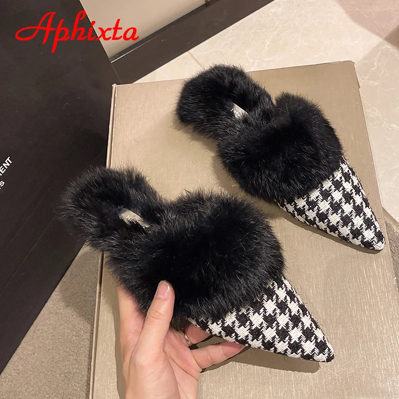 Aphixta New Warm Winter Real Rabbit Fur Plush Women Slippers Birds Furry Plaid Shoes Pointed Toe Flat Heel Hair Slides