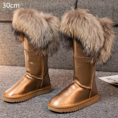 Winter Natural Fox Fur Long Boots Winter Fur Black Genuine Leather Snow Boots Knee- High Boots Waterproof Flat Raccoon Fur Boot