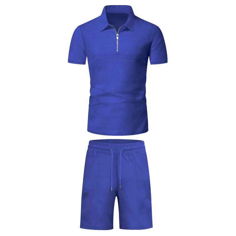 Men's Comfortable Short-Sleeved Waffle Polo Shirt And Shorts Set - Breathable Lightweight Spring/Summer Clothing