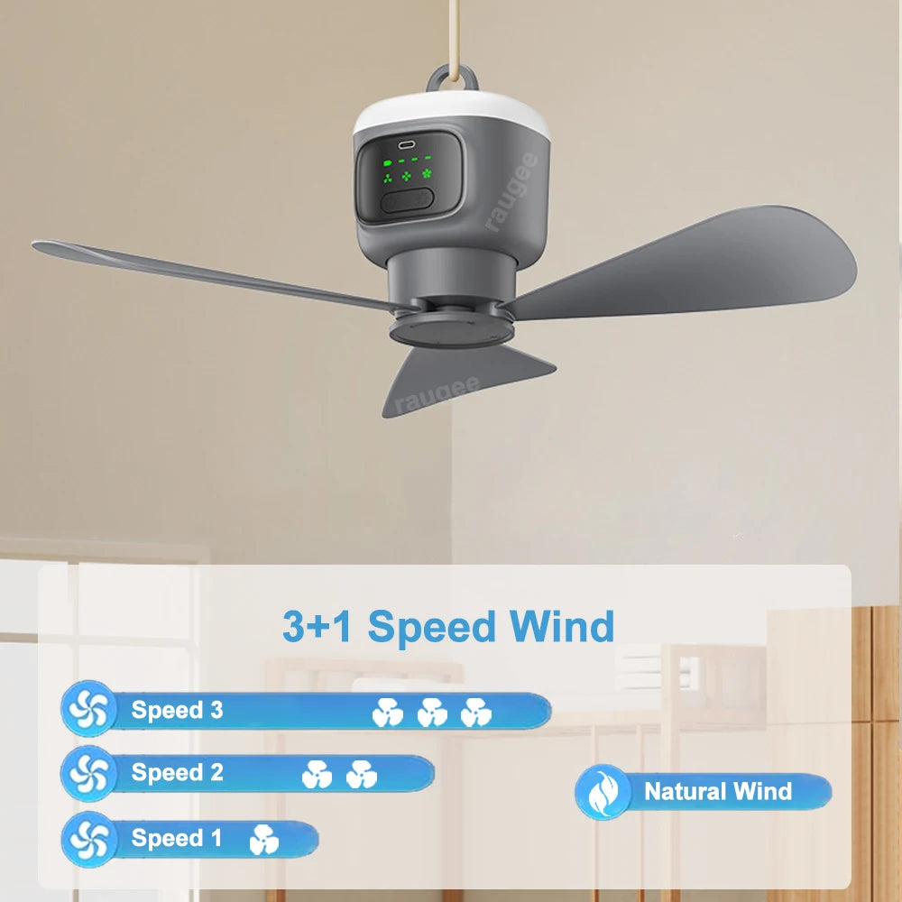 12000mAh Portable Camping Ceiling Fan with LED Light & Remote | Rechargeable Outdoor Tent Air Circulator Cooler