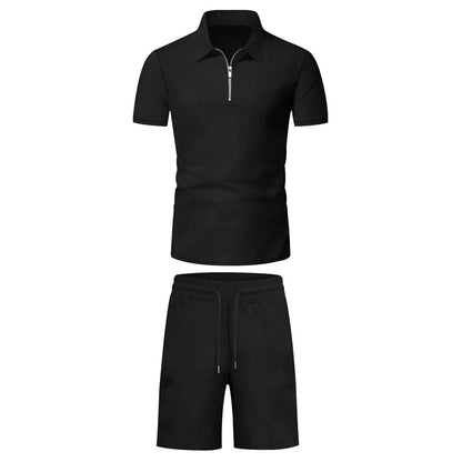 Men's Comfortable Short-Sleeved Waffle Polo Shirt And Shorts Set - Breathable Lightweight Spring/Summer Clothing