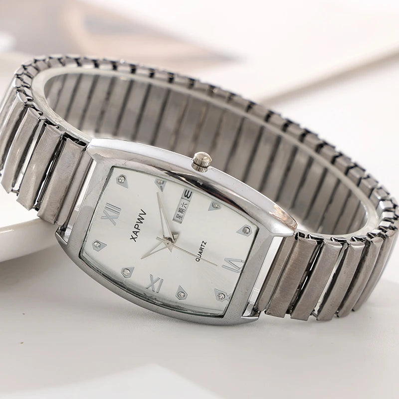 Barrel-Shaped Diamond-Encrusted Dual Calendar Week Men's Watch Week Fashion Casual Business Quartz Couple Watch One Man and One Woman