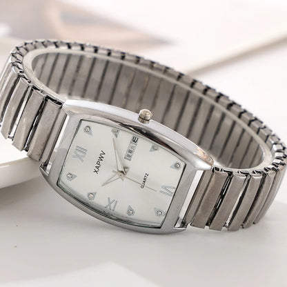 Barrel-Shaped Diamond-Encrusted Dual Calendar Week Men's Watch Week Fashion Casual Business Quartz Couple Watch One Man and One Woman