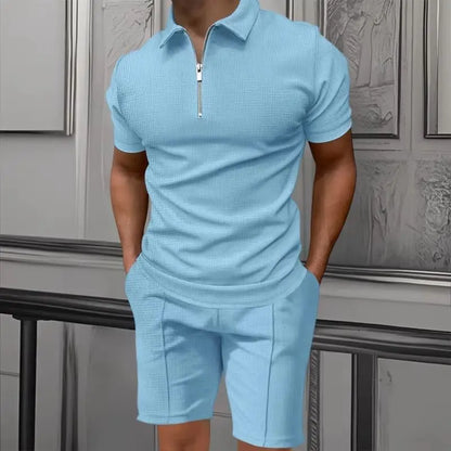Men's Comfortable Short-Sleeved Waffle Polo Shirt And Shorts Set - Breathable Lightweight Spring/Summer Clothing