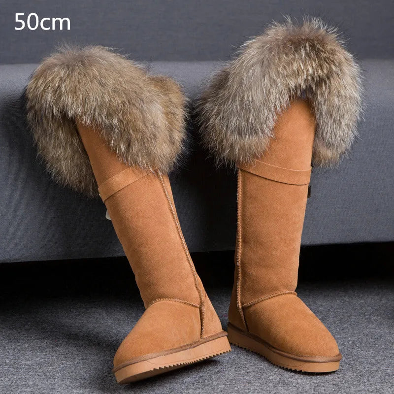 Winter Natural Fox Fur Long Boots Winter Fur Black Genuine Leather Snow Boots Knee- High Boots Waterproof Flat Raccoon Fur Boot