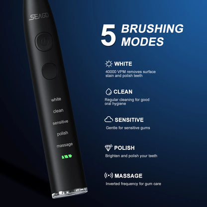 Seago SG-575 Sonic Electric Toothbrush | USB Rechargeable Toothbrush with 360-Day Battery Life, 4 Brush Heads & Travel Box