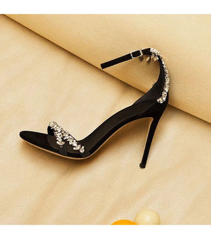 Black High Heels Women's Stiletto Heels Celebrity Style 2024 New Versatile Slotted Buckle Rhinestone Open Toe Round Toe Sandals