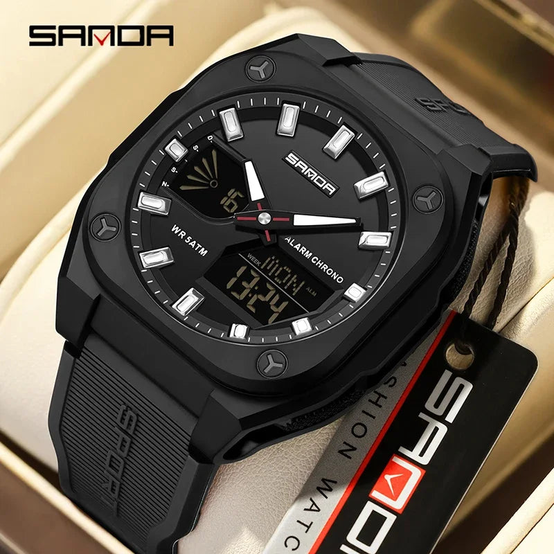 SANDA Quartz Watches for Men's Luxury Military Sport Chronograph Waterproof LED Dual Display Electronic Man Watches Reloj Hombre