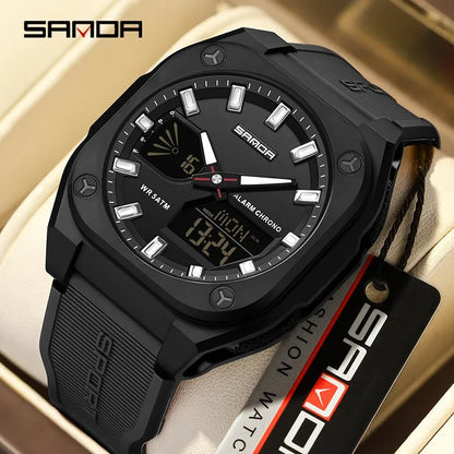 SANDA Quartz Watches for Men's Luxury Military Sport Chronograph Waterproof LED Dual Display Electronic Man Watches Reloj Hombre