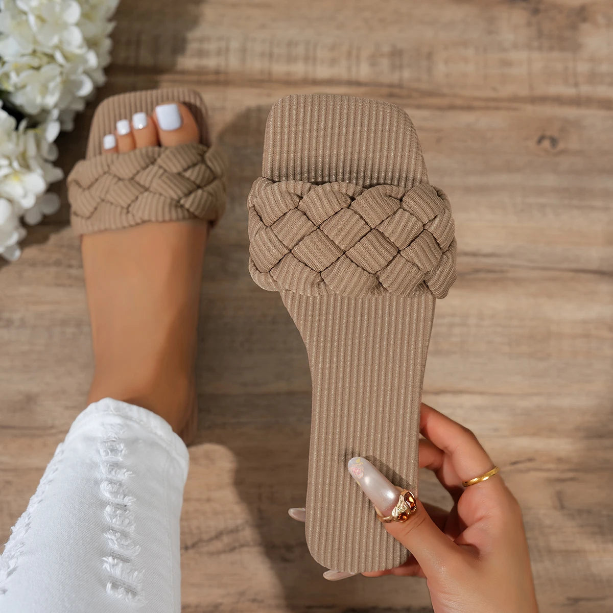 Square-toe Basket-Woven Sandals, Flat Home Slippers