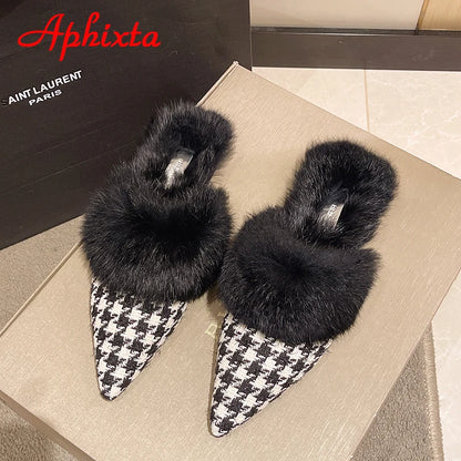 Aphixta New Warm Winter Real Rabbit Fur Plush Women Slippers Birds Furry Plaid Shoes Pointed Toe Flat Heel Hair Slides