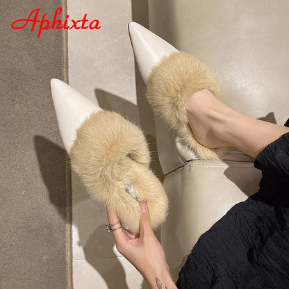 Aphixta New Warm Winter Real Rabbit Fur Plush Women Slippers Birds Furry Plaid Shoes Pointed Toe Flat Heel Hair Slides