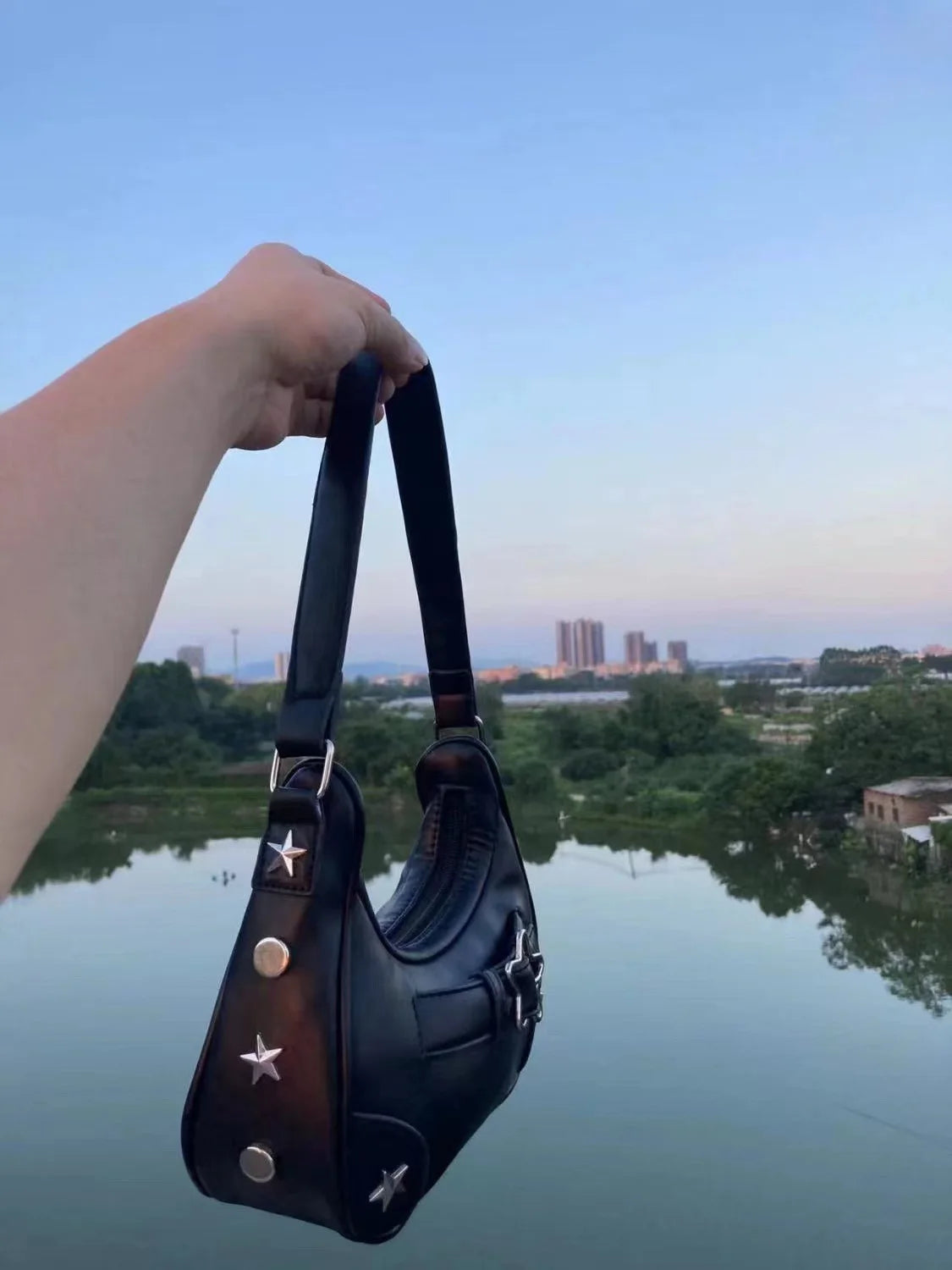 Vintage Korean Casual Cute White Star Shoulder Underarm Tote Bag Ladies Sling Bags Leather Zip Purses  Handbags Women