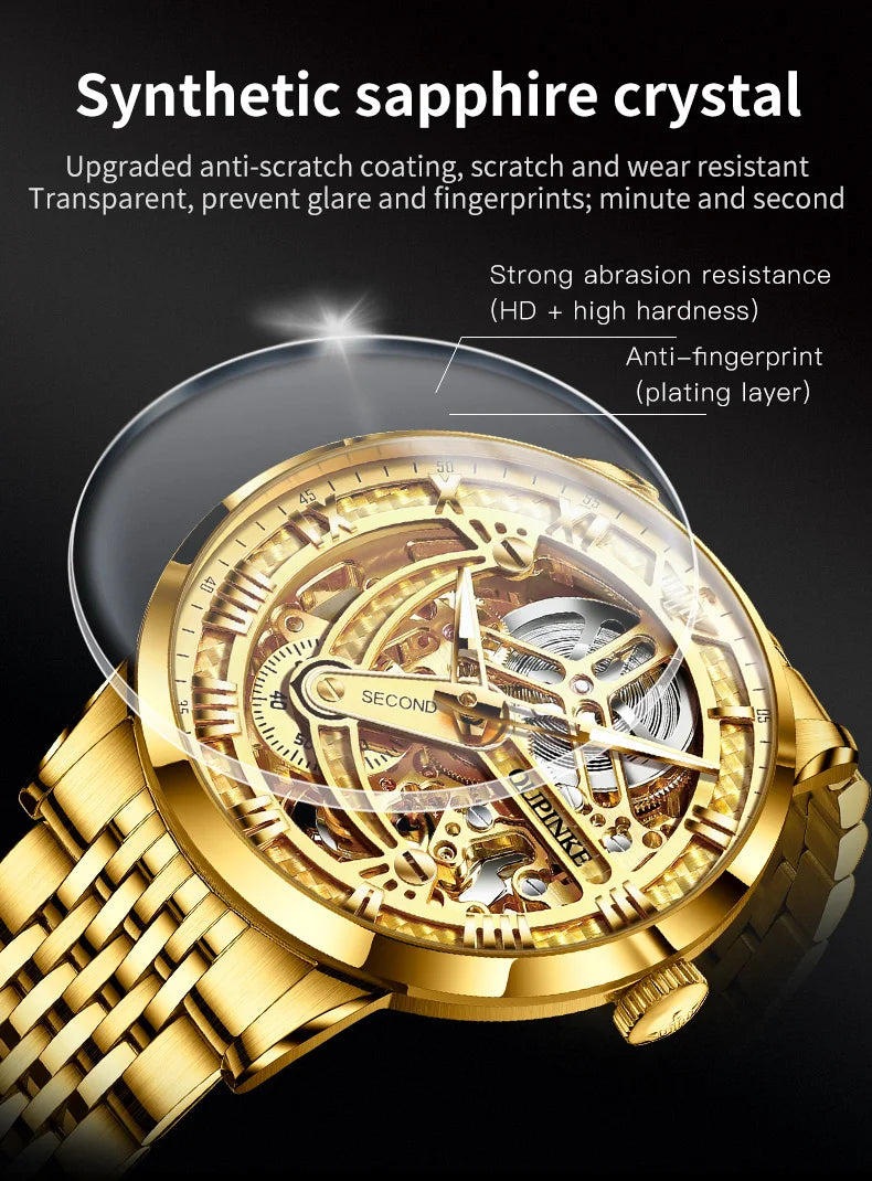 OUPINKE 3173 Men's Full Gold Watch Fully hollow out Waterproof top-level luxury automatic mechanical watch