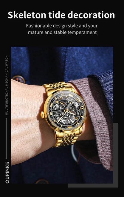 OUPINKE 3173 Men's Full Gold Watch Fully hollow out Waterproof top-level luxury automatic mechanical watch