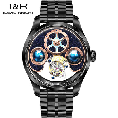 IDEAL KNIGHT 6808 Man Watch Blue Earth Dial Hollow Mechanical Watches For Men Waterproof Tourbillon Men's Automatic Wristwatches