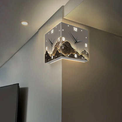 Nordic LED Double-Sided Corner Wall Clock | No-Drill Hanging Clock with Mural Lamp for Modern Living Room Decor