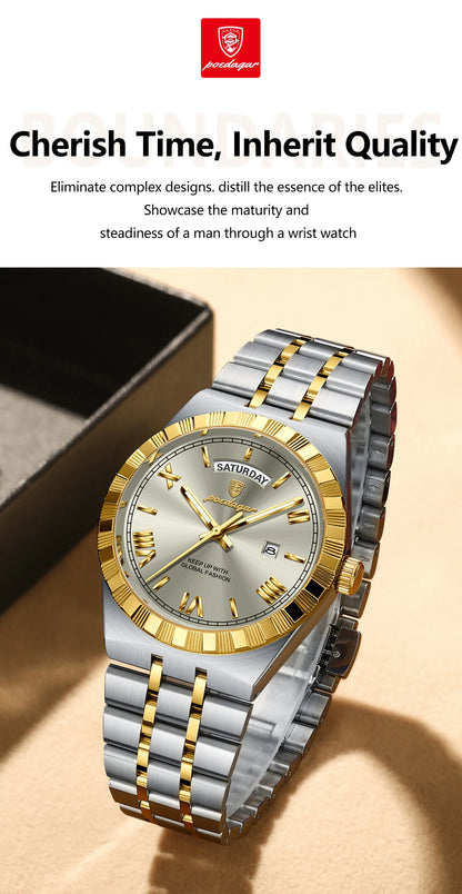 POEDAGAR Luxury Business Man Watch Week Date Waterproof Luminous Watches For Men Stainless Steel Quartz Men's Fashion Wristwatch