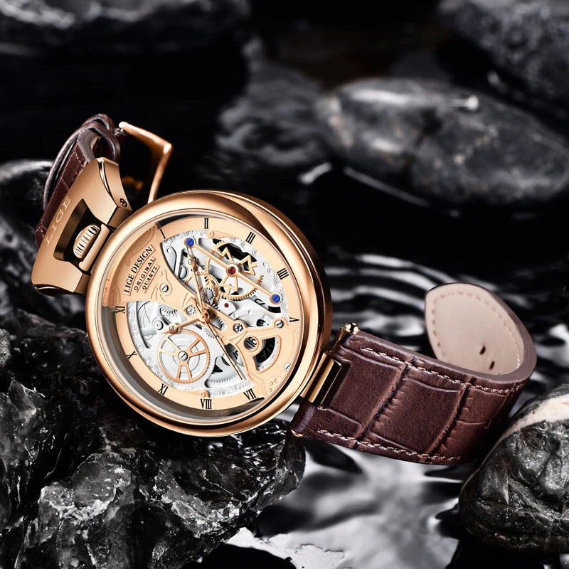 2025 LIGE Men Watches Top Brand Luxury Brown Leather Chronograph Sport Watch For Men Fashion Date Waterproof Clock Reloj Hombre