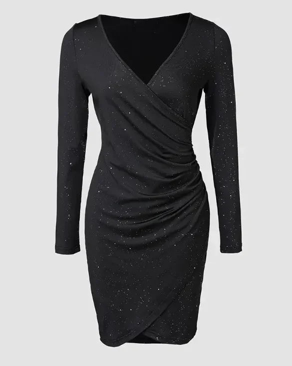 Elegant Black V-Neck Ruched Mini Dress for Women | Glitter Long Sleeve Stretch Cocktail Party Dress