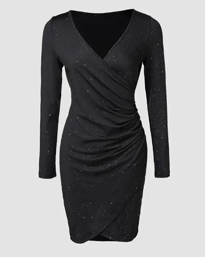 Elegant Black V-Neck Ruched Mini Dress for Women | Glitter Long Sleeve Stretch Cocktail Party Dress