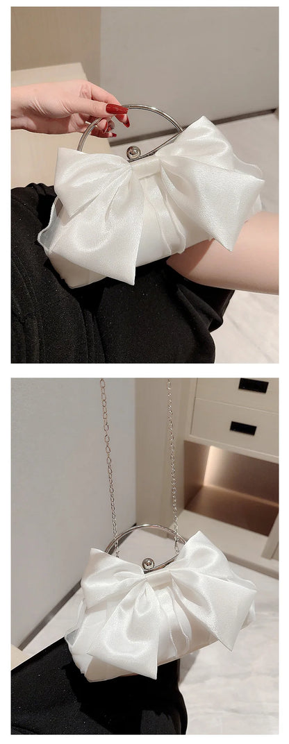 White Satin Bow Fairy Evening Bags Clutch Metal Handle Handbags for Women Wedding Party Bridal Clutches Purse Chain Shoulder Bag