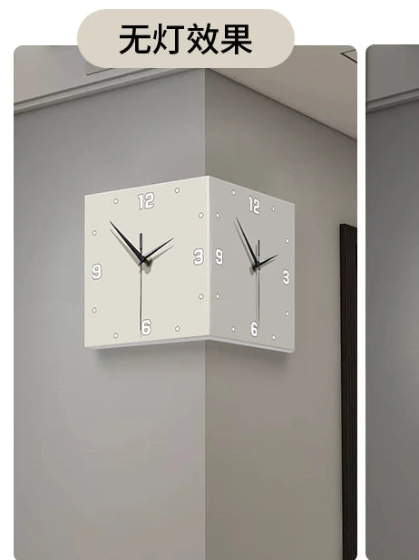 Nordic LED Double-Sided Corner Wall Clock | No-Drill Hanging Clock with Mural Lamp for Modern Living Room Decor