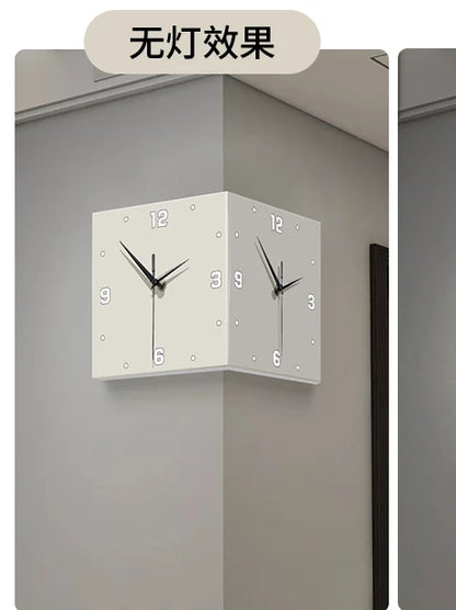 Nordic LED Double-Sided Corner Wall Clock | No-Drill Hanging Clock with Mural Lamp for Modern Living Room Decor