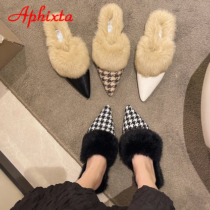 Aphixta New Warm Winter Real Rabbit Fur Plush Women Slippers Birds Furry Plaid Shoes Pointed Toe Flat Heel Hair Slides