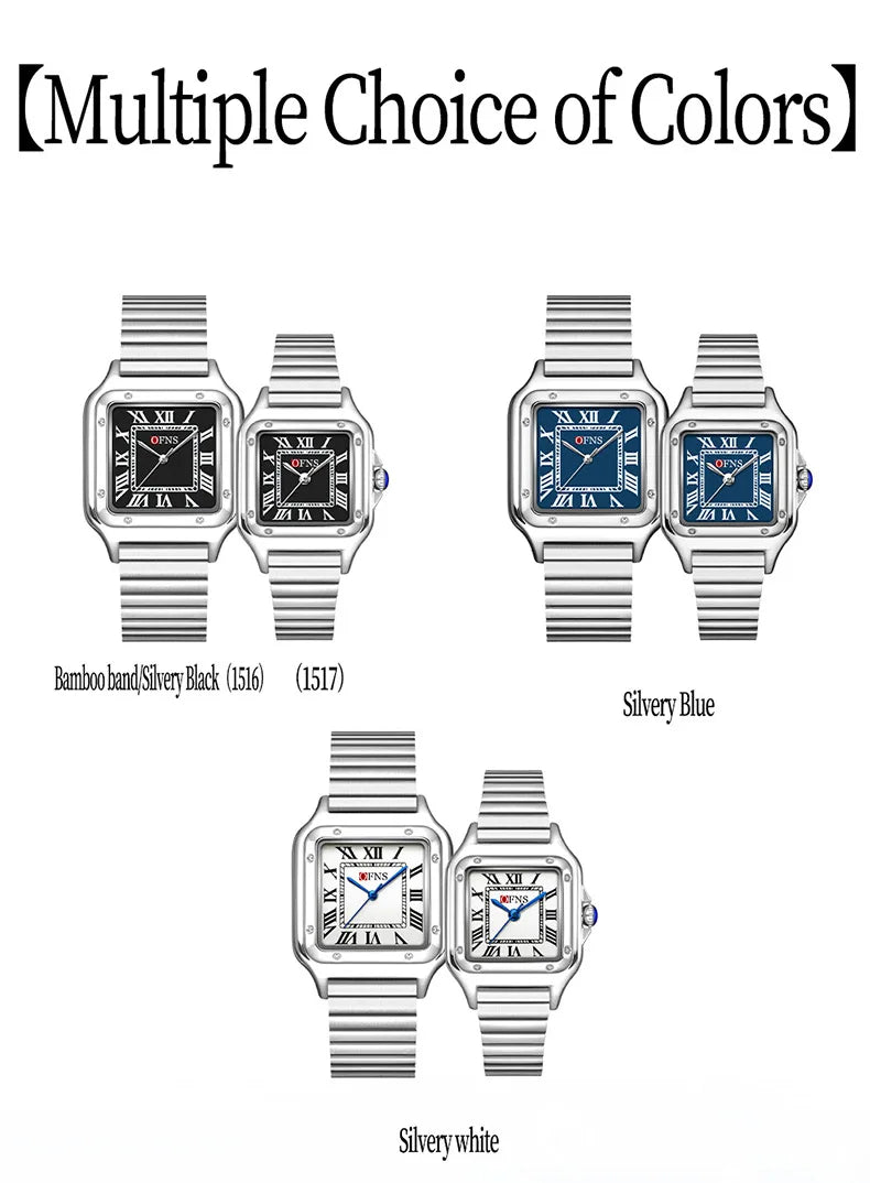 OFNS 2025 New 1516 Square Couple Quartz Watch 3ATM Waterproof Mineral Glass Roman Scale Simple Fashion Watch for Men and Women