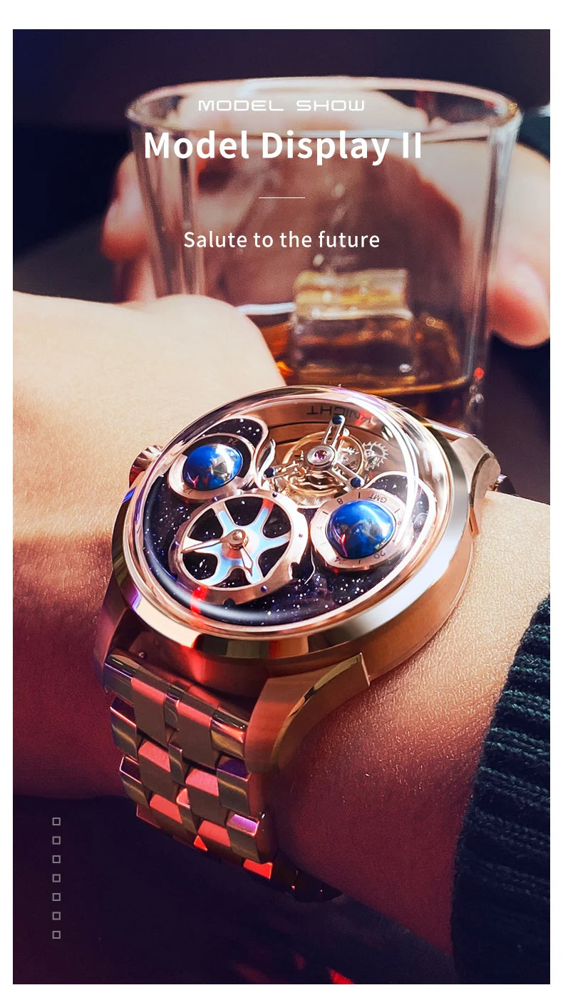 IDEAL KNIGHT 6808 Man Watch Blue Earth Dial Hollow Mechanical Watches For Men Waterproof Tourbillon Men's Automatic Wristwatches