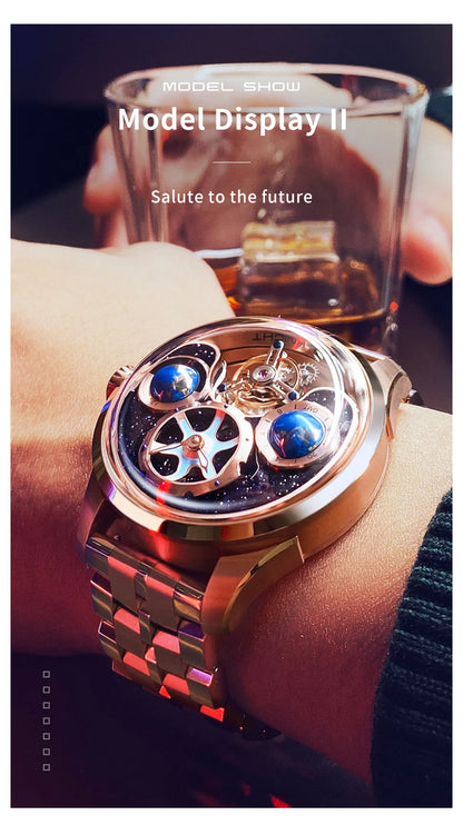 IDEAL KNIGHT 6808 Man Watch Blue Earth Dial Hollow Mechanical Watches For Men Waterproof Tourbillon Men's Automatic Wristwatches