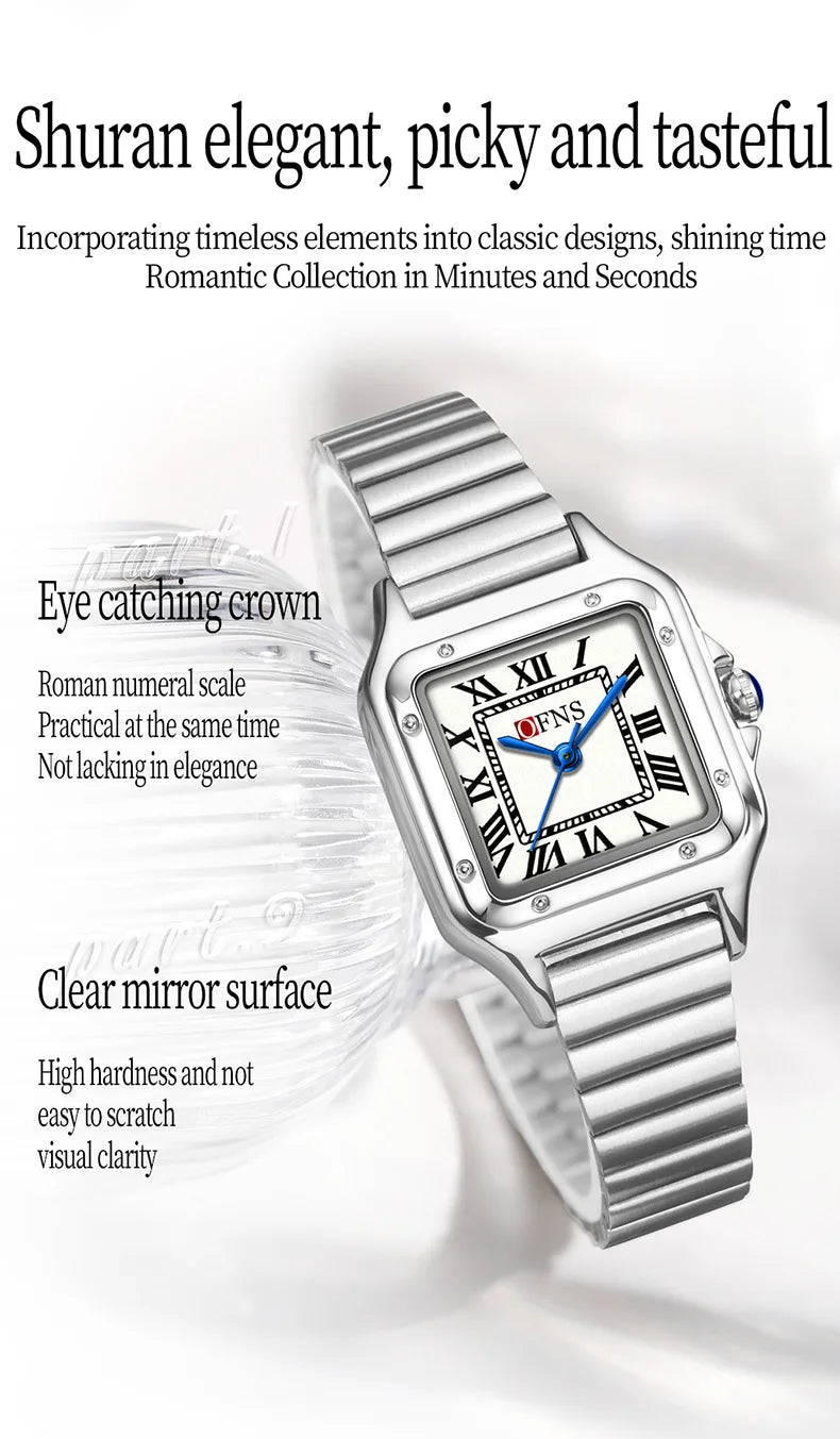 OFNS 2025 New 1516 Square Couple Quartz Watch 3ATM Waterproof Mineral Glass Roman Scale Simple Fashion Watch for Men and Women
