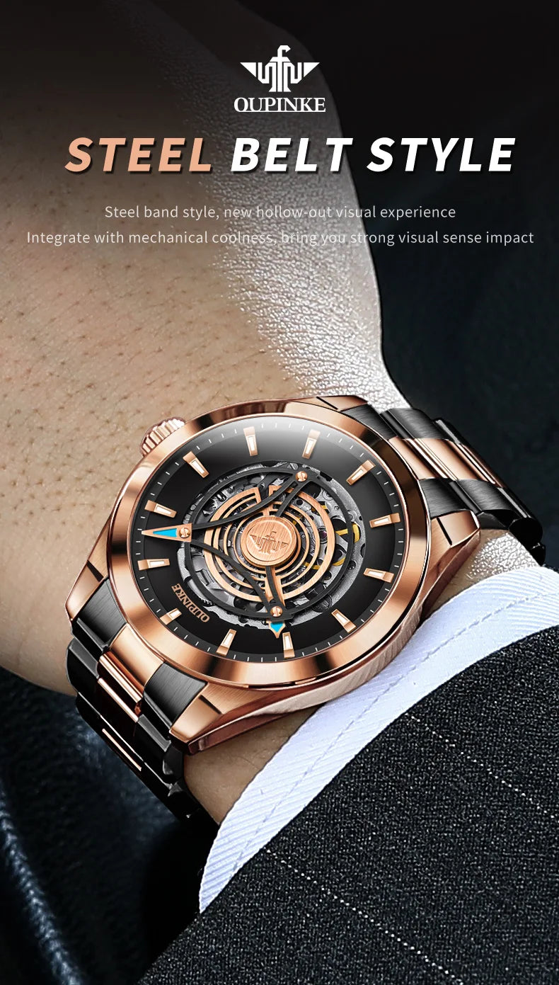 OUPINKE 3206 Automatic Mechanical Watch for Men Hollow 40mm Dial Original Hand Clock Synthetic Sapphire Mirror Leather Man Watch