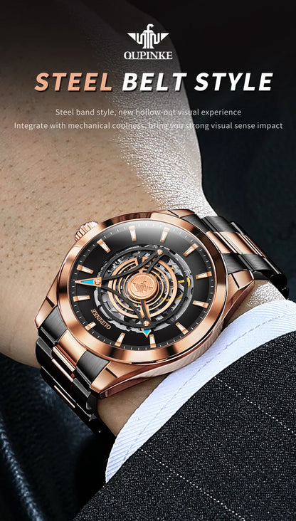 OUPINKE 3206 Automatic Mechanical Watch for Men Hollow 40mm Dial Original Hand Clock Synthetic Sapphire Mirror Leather Man Watch