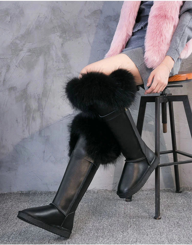 Winter Natural Fox Fur Long Boots Winter Fur Black Genuine Leather Snow Boots Knee- High Boots Waterproof Flat Raccoon Fur Boot