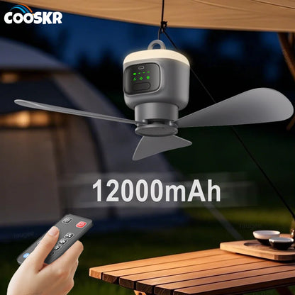 12000mAh Portable Camping Ceiling Fan with LED Light & Remote | Rechargeable Outdoor Tent Air Circulator Cooler