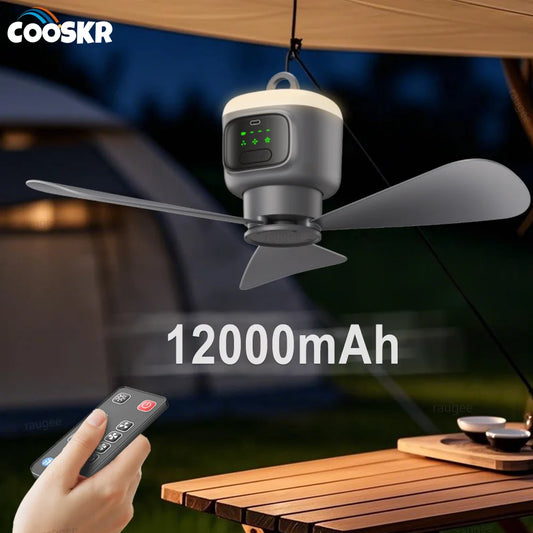 12000mAh Portable Camping Ceiling Fan with LED Light & Remote | Rechargeable Outdoor Tent Air Circulator Cooler