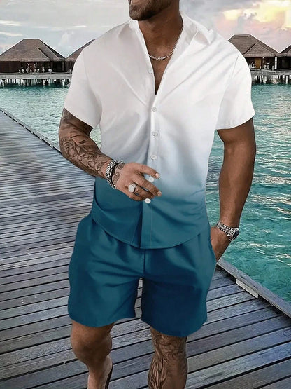 Summer Men's Solid Color Short Sleeve Shirt Set Lapel Button Front Shirt T Shirt Athletic Casual Shorts Set Hawaii Vacation Wear