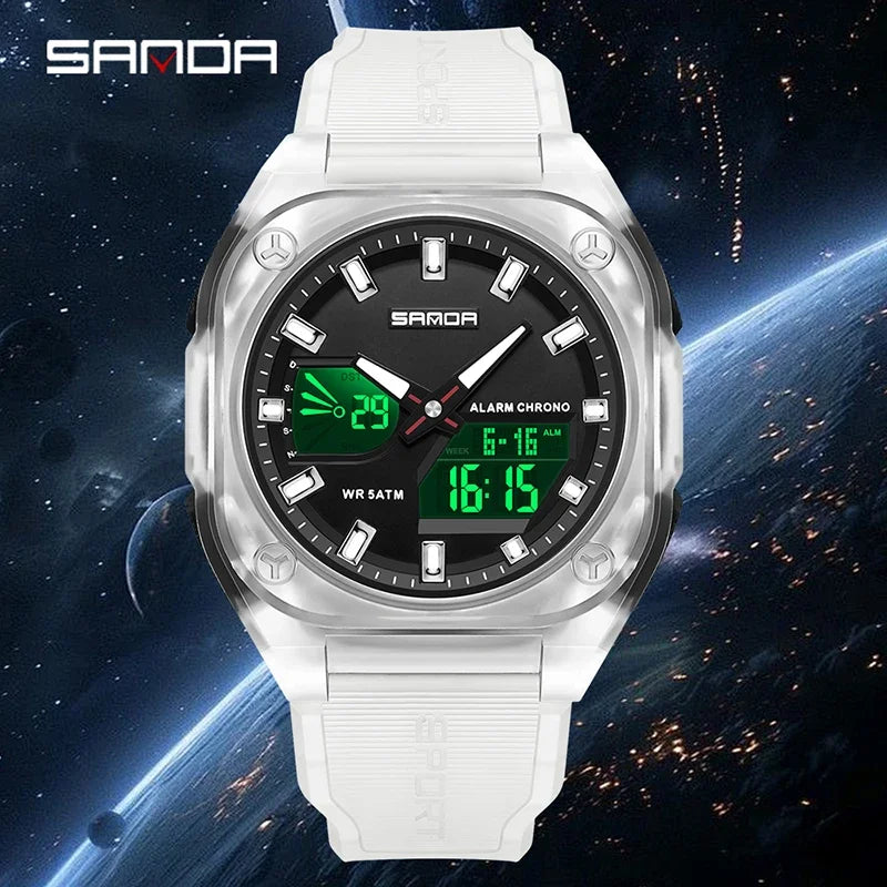 SANDA Quartz Watches for Men's Luxury Military Sport Chronograph Waterproof LED Dual Display Electronic Man Watches Reloj Hombre