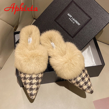 Aphixta New Warm Winter Real Rabbit Fur Plush Women Slippers Birds Furry Plaid Shoes Pointed Toe Flat Heel Hair Slides