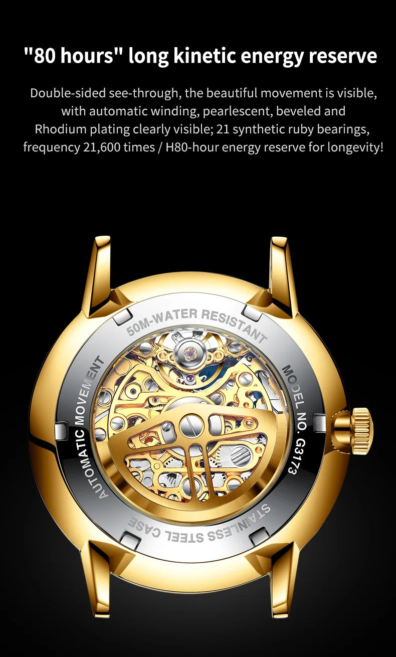 OUPINKE 3173 Men's Full Gold Watch Fully hollow out Waterproof top-level luxury automatic mechanical watch