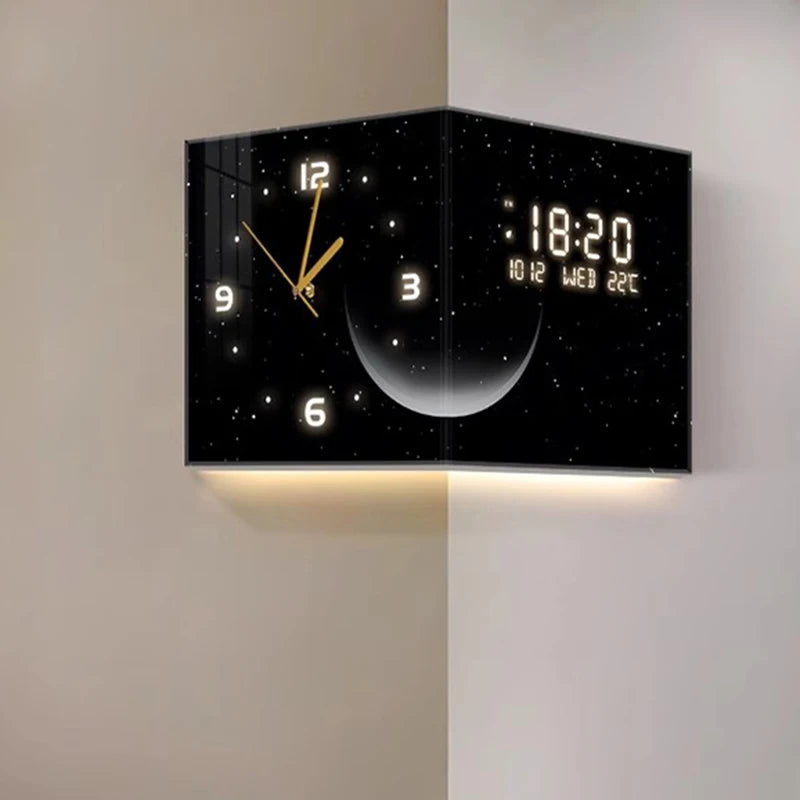 Modern Luxury Luminous Corner Wall Clock | Silent Digital Calendar Clock for Living Room & Bedroom Home Decor