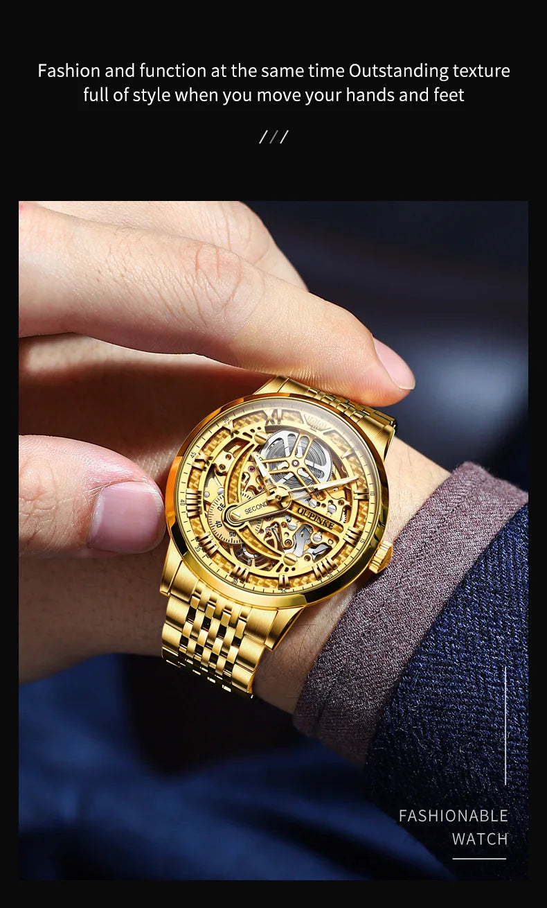 OUPINKE 3173 Men's Full Gold Watch Fully hollow out Waterproof top-level luxury automatic mechanical watch