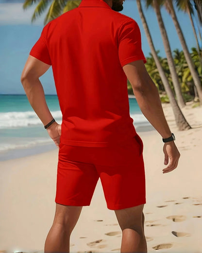 2025Men's business Casual beach sports Two-piece set, Drawstring elastic waist sports shorts set, button access control lapeltop