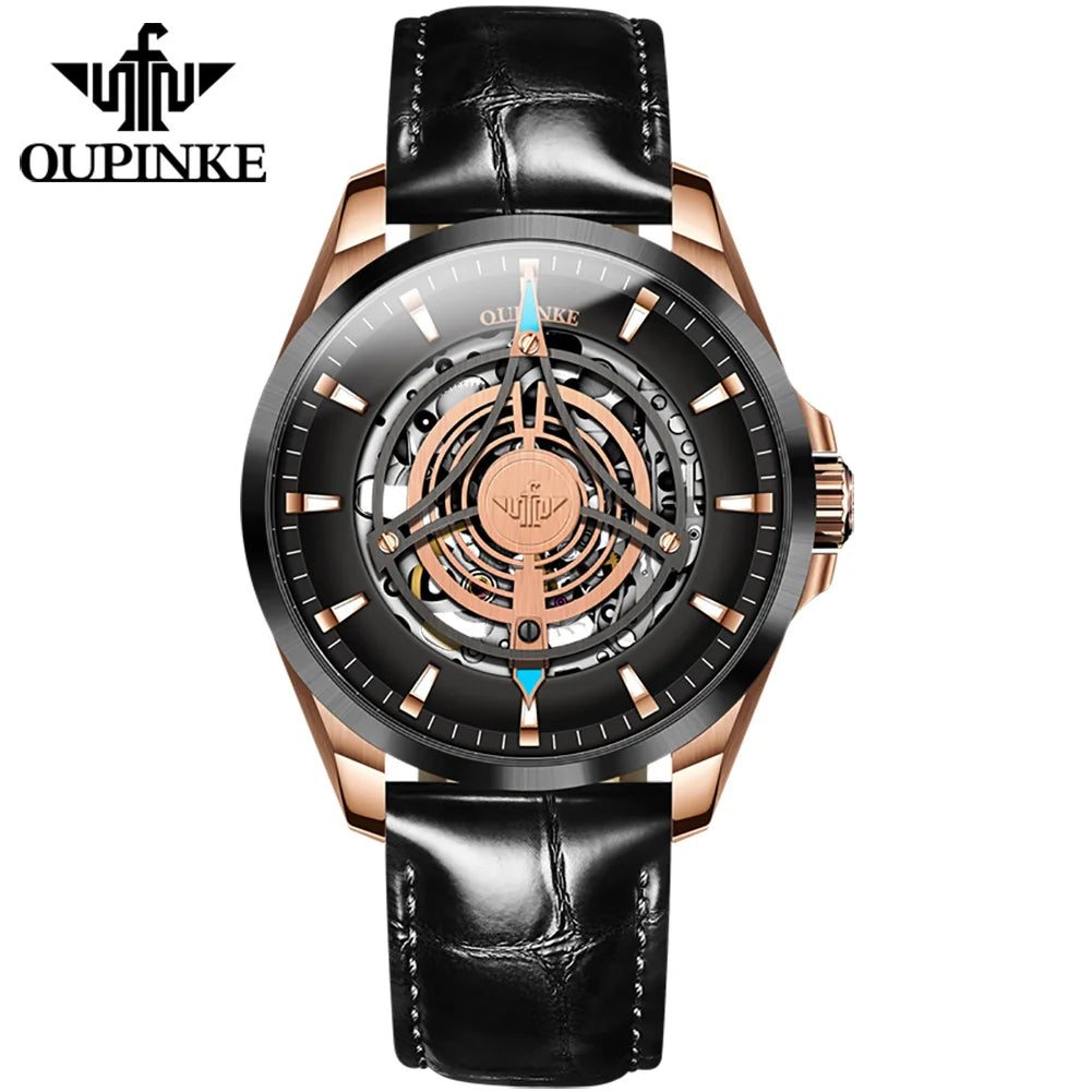 OUPINKE 3206 Automatic Mechanical Watch for Men Hollow 40mm Dial Original Hand Clock Synthetic Sapphire Mirror Leather Man Watch